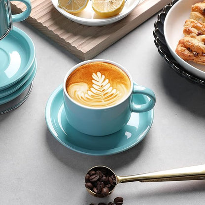 Sweejar Porcelain Cappuccino Cups with Saucers and Metal Stand, 8 Ounce Stackable Espresso Cups for Specialty Coffee Drinks, Latte, Americano, Tea - Set of 4 (Jade)