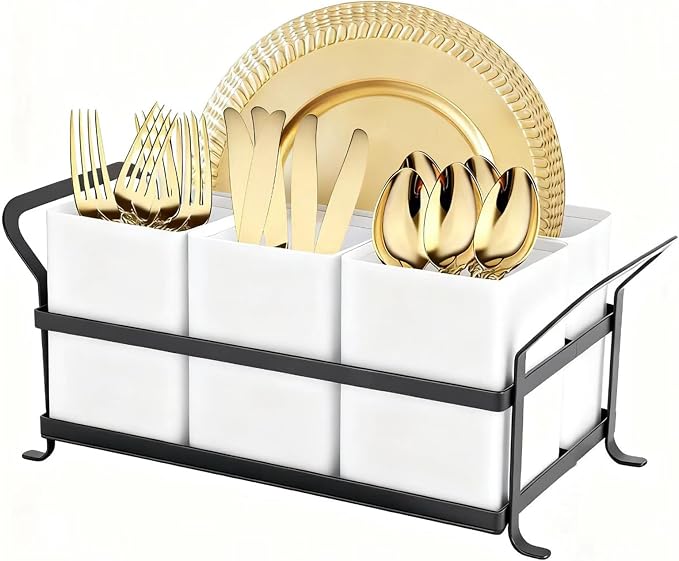 Silverware Caddy Metal Utensil Holder for Party Countertop Silverware Utensil Caddy Cutlery Flatware Organizer for Spoons Forks Plates Napkins white&Black