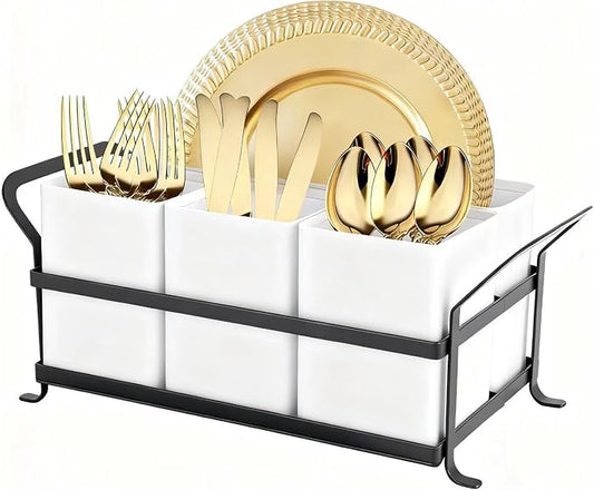 Silverware Caddy Metal Utensil Holder for Party Countertop Silverware Utensil Caddy Cutlery Flatware Organizer for Spoons Forks Plates Napkins white&Black