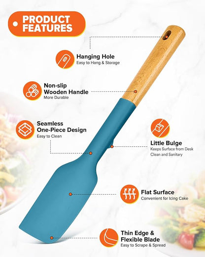 Silicone Heavy-Duty Spatula, Great For Tough Mixing And Stirring, Sturdy Bpa-Free Matte Silicone, Wooden Handle Rubber Scraper For Nonstick Cookwares (TURQ)