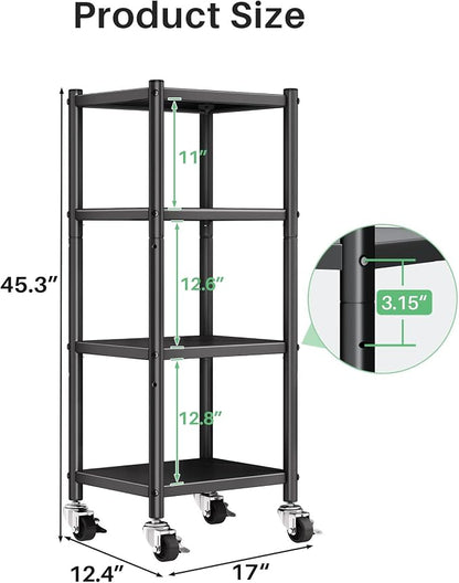 PXRACK Storage Shelves with Rolling Wheels, Adjustable 4 Tier Metal Shelving Unit for Storage Heavy Duty, Small Storage Rack Shelf for Corner of The Kitchen Bathroom Living Room Garage Office, Black