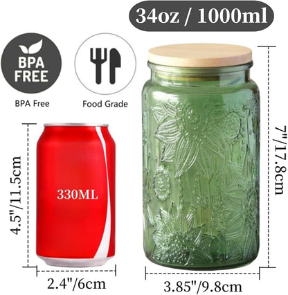 ANSQU Green Glass Canister Jars, 34oz Candy Jars with Lids, Vintage Colored Mason Jars for Kitchen Decorative Jar for Coffee Tea Candy Cookies, Cute Jar (Green, 2 Pack)