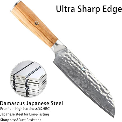 Damascus Santoku Knife 6.5 Inch Professiona Kitchen Knives VG-10 Damascus Steel Ultra-Sharp Santoku Japanese Chef Knife with Ergonomic Olive Wood Handle -Gift Box for Family & Restaurant
