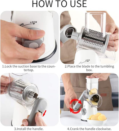 Cambom Rotary Cheese Grater Hand Crank Cheese Shredder for Fresh Cheese, Vegetable, Nuts,Non-slip Suction Base,Three Blades,White