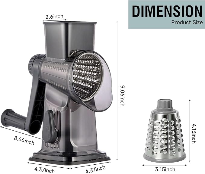 3-in-1 Manual Rotary Cheese Grater & Vegetable Slicer, Round Mandoline Food Chopper with 3 Interchangeable Blades, Strong Suction Base Hand Crank Grater for Cheese, Potato, Nuts & Veggies