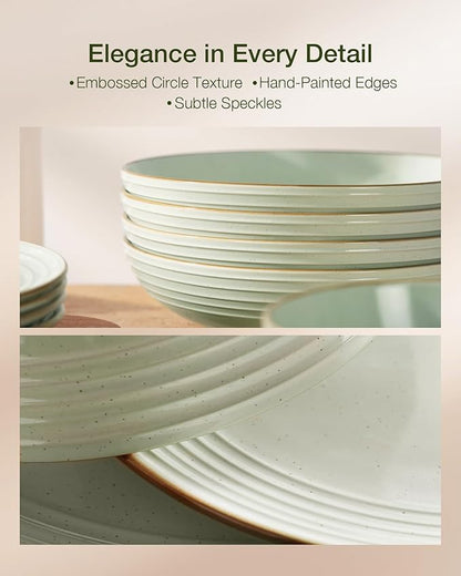 Famiware Jupiter 16-Piece Stoneware Dinnerware Set for 4 - Includes Pasta Bowl & Dinner Plate, Handcrafted Dishes with Speckles & Embossed Swirls, Chip & Scratch Resistant, Daily & Formal Use, Green