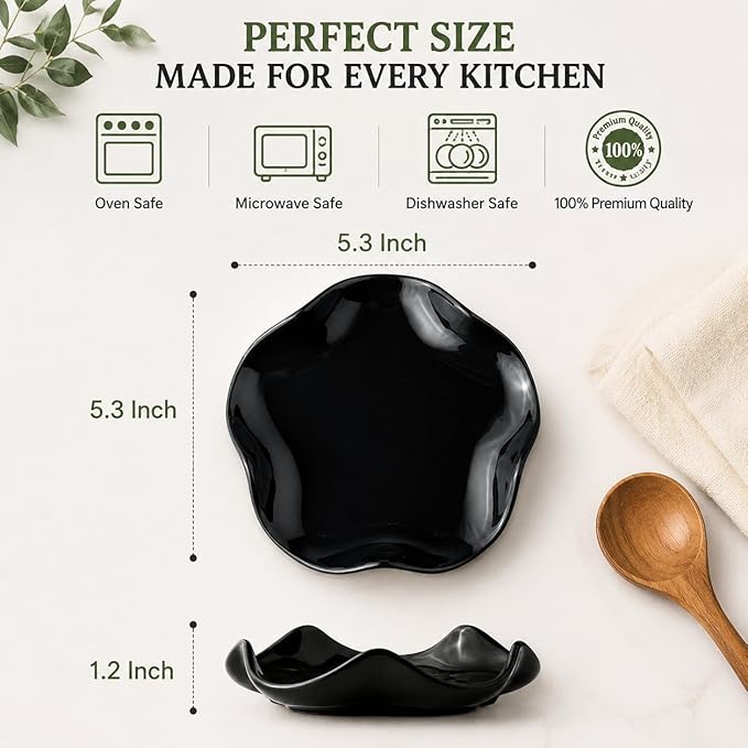 Miamolo Black Spoon Rest for Kitchen Counter, 5.3" Ceramic Spoon Holder for Stove Top, Heat Resistant & Dishwasher Safe Cute Spoon Rests Spatula Holder for Multiple Utensils, Farmhouse Kitchen Decor