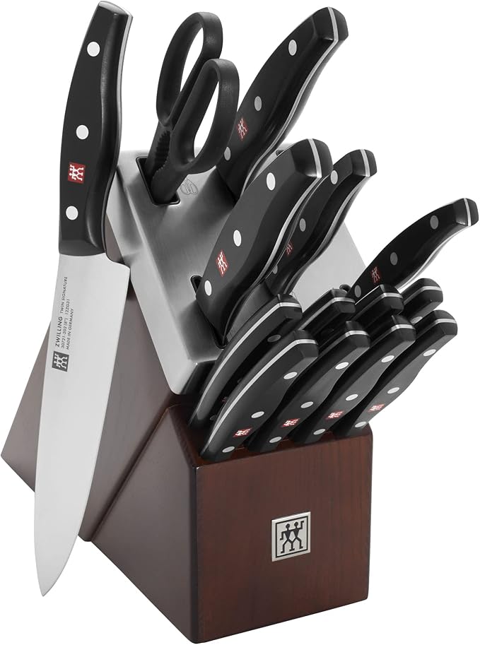 ZWILLING Twin Signature 15-Piece Razor-Sharp German Knife Block Set, Made in Company-Owned German Factory with Special Formula Steel perfected for almost 300 Years, Dishwasher Safe