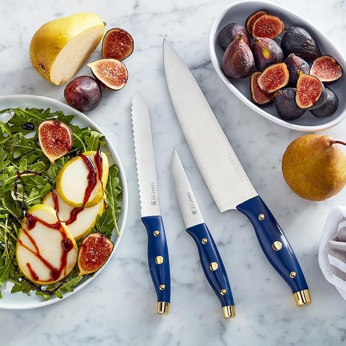 Sabatier 3-Piece Chef Set - 8" Chef Knife, 5.5" Serrated Utility Knife, 3.5" Paring Knife, Protective Blade Tip - Kitchen Cooking Essentials with High-Carbon Stainless Steel Blades & Durable Handle