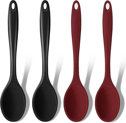 GEEKHOM Silicone Cooking Spoons, 4 Pieces 11" Heat Resistant Silicone Kitchen Utensils Set Large Serving Stirring Spoons for Non Stick Cooking, Mixing, Basting, Baking, Black+Red
