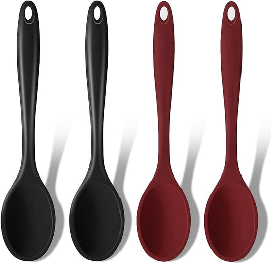 GEEKHOM Silicone Cooking Spoons, 4 Pieces 11" Heat Resistant Silicone Kitchen Utensils Set Large Serving Stirring Spoons for Non Stick Cooking, Mixing, Basting, Baking, Black+Red