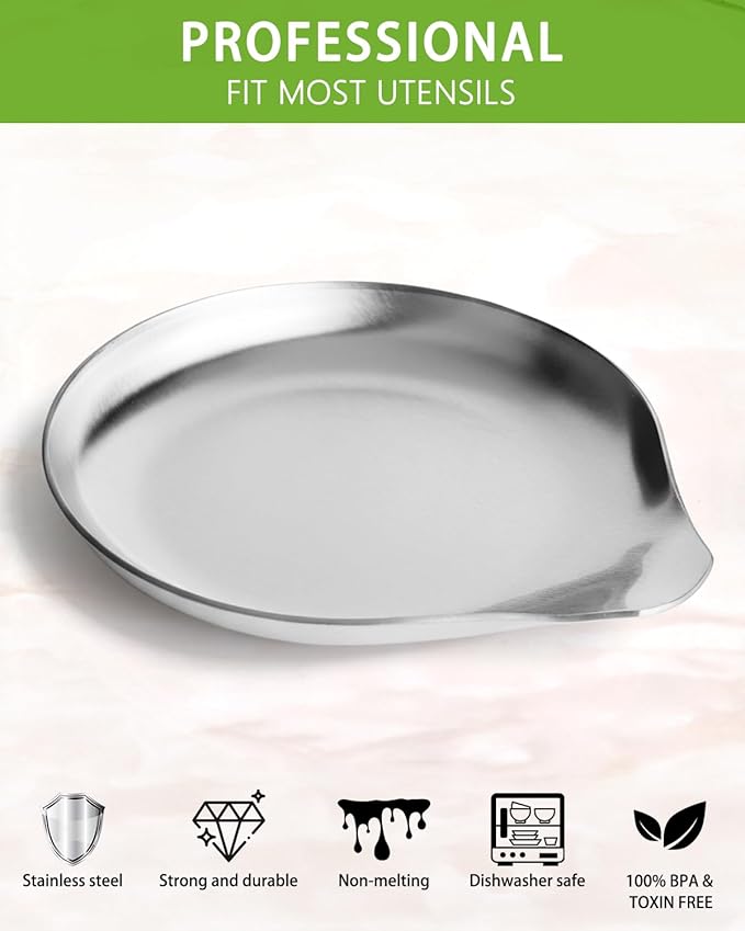VanlonPro Stainless Steel Spoon Rest, Spatula Ladle Holder, Stainless Steel Utensil Spoon Rest Holder, Brushed Finish, Dishwasher Safe 5.9 x 5.1 Inch (Round Silver 1PC)