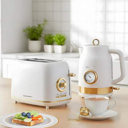 2-Slice Toaster, Wide Slots, 7 Bread Shade Settings, Stainless Steel, Bagel, Cancel, and Defrost Functions, Removable Crumb Tray, Retro Style Toaster,Matte White and Gold