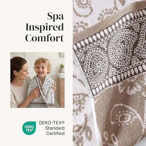 Modern Threads 6 Piece Bath Towel Set – Bathroom Set with 2 Bath Towels, 2 Hand Towels, and 2 Wash Cloths – 100% Cotton, Super Absorbent & Extra Soft – Reversible Floral Trail (Taupe Brown)