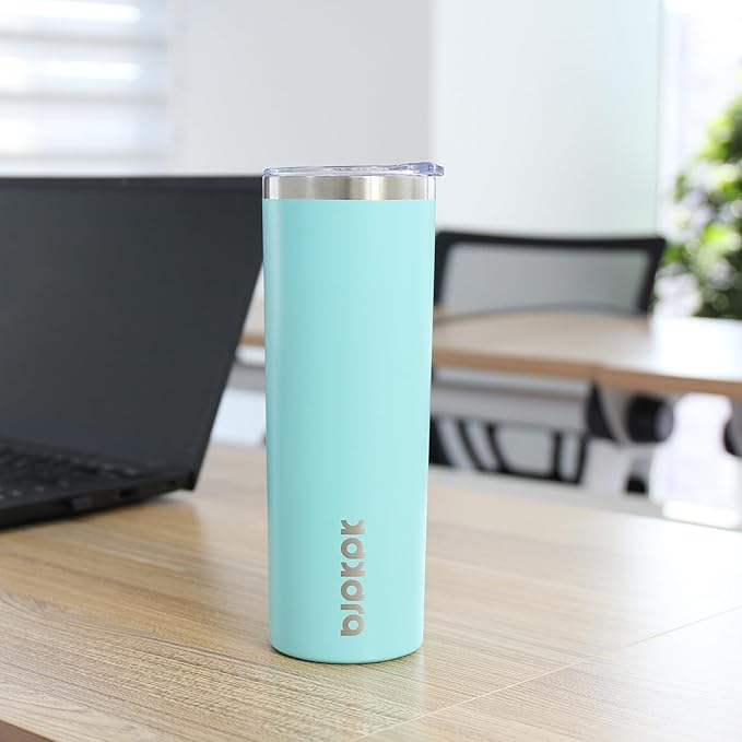 BJPKPK Skinny Insulated Tumbler, 20oz/600ml Stainless Steel Reusable Slim Travel Coffee Cup with Lid, Light Pink