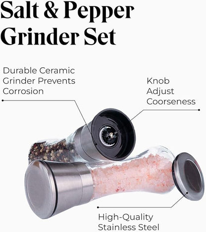 Willow & Everett Salt & Pepper Grinder Set with Stand - Stainless Steel Manual Mills & Holder with Adjustable Coarseness, Refillable Design for Peppercorns & Rock Salt Sold Separately