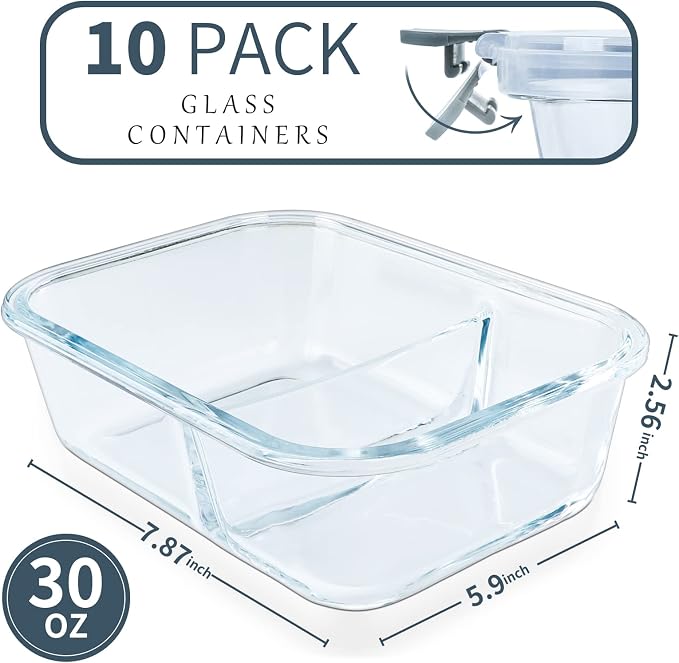 KOMUEE 10 Packs 30 oz Glass Meal Prep Continers Set with 1 & 2 Compartments, Glass Food Storage Containers with Lids, Freezer, Oven and Microwave Friendly