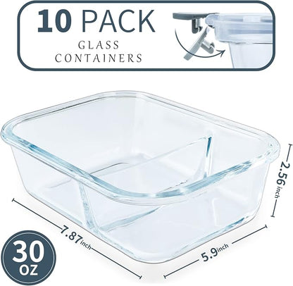KOMUEE 10 Packs 30 oz Glass Meal Prep Continers Set with 1 & 2 Compartments, Glass Food Storage Containers with Lids, Freezer, Oven and Microwave Friendly