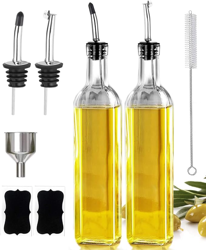 Leaflai Olive Oil Dispenser Bottle, 2 Pcs Glass Olive Oil Dispenser and Vinegar Dispenser Set with 2 Stainless Steel Pourers, 4 Labels,1 Brush and 1 Funnel Oil Bottles for Kitchen (500ml)
