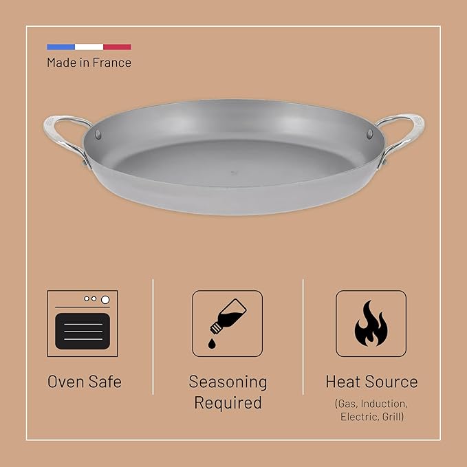 de Buyer MINERAL B Carbon Steel Oval Roasting Pan - 9.5” Diameter - Ideal for Roasting Meat, Seafood & Veggies - Naturally Non-Stick Finish - Made in France
