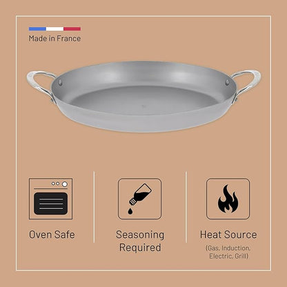de Buyer MINERAL B Carbon Steel Oval Roasting Pan - 9.5” Diameter - Ideal for Roasting Meat, Seafood & Veggies - Naturally Non-Stick Finish - Made in France