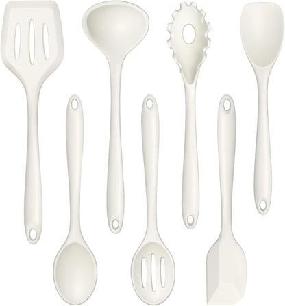 TeamFar Silicone Cooking Utensils Set, 7-Piece Heat Proof Kitchen Utensils Set, Kitchen Tools Spatula Turner Ladle Spoon Pasta Fork for Nonstick Cookware, Non-Toxic & Dishwasher Safe, White