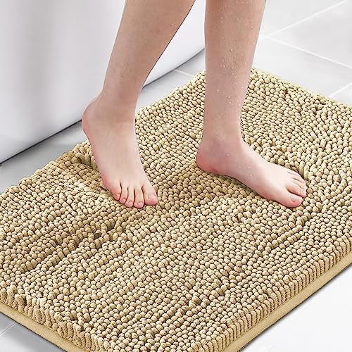 H.VERSAILTEX Bath Mat Bathroom Rug Bath Rugs for Bathroom Non Slip Bath Mats Extra Thick Chenille Rug 17" x 24" Absorbent Soft Shaggy Washable Dry Fast Plush Rugs for Bathtubs - Beige