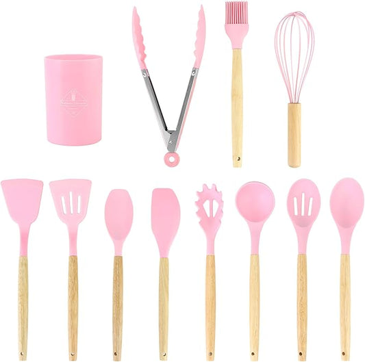QWORK 12-Piece Pink Kitchen Tool Set - Includes Silicone Cooking Utensils, Whisk and Ladle, Tool Crock
