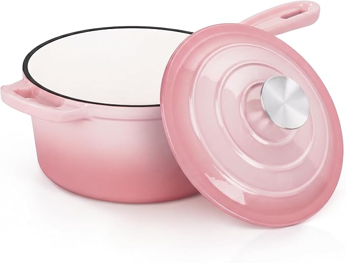 E-far Enameled Cast Iron Sauce Pan, 2 Quart Dutch Oven Saucepan with Lid, Small Sauce Pot for Cooking, Boiling, Healthy & Non Toxic, Induction & Oven Safe, Pink