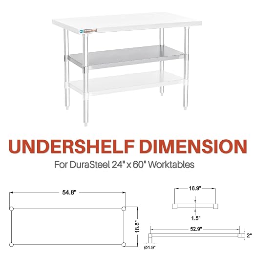 DuraSteel Galvanized Under Shelf for Work Tables - Extra Adjustable Lower Shelf for 24" x 60" Stainless Steel and Wooden Worktables - Fits for use in Restaurant, Warehouse, Home, Kitchen, Garage