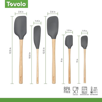 Tovolo Silicone Spatula with Wooden Handle Set of 5 Piece Silicone Kitchen Utensil Set Spoonula Jar Scraper Mini Spatula and Spoonula for Cooking Baking Mixing Folding Charcoal Gray