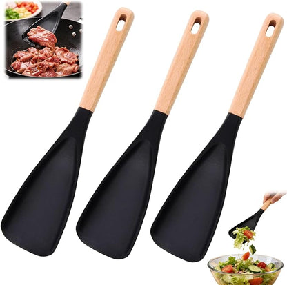 3Pack Cedar and Ash Spoonula–Multi Function Spatula Cooking Spoon with Wooden Handle,Heat Resistant & Nonstick Kitchen Utensils Safe Silicone Head Spoon for Mixing,Stirring,Scooping,Flipping,Serving
