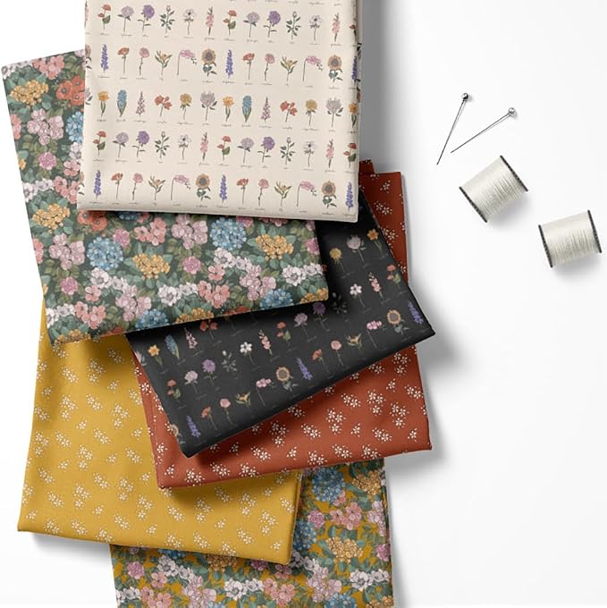 Patchwork Fabric Panel 100x155 cm, 100% Cotton Satin, 6 Coordinated Floral Botanical Patterns, Mustard Yellow & Dark Garden Quilting Fabric (Floral Symphony, 6pcs 50x50cm)