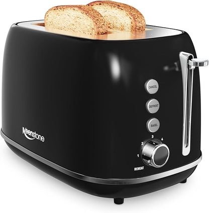 2 Slice Retro Stainless Steel Toaster with Bagel, Cancel, Defrost Function and 6 Bread Shade Settings Bread Toaster, Extra Wide Slot and Removable Crumb Tray (Black)