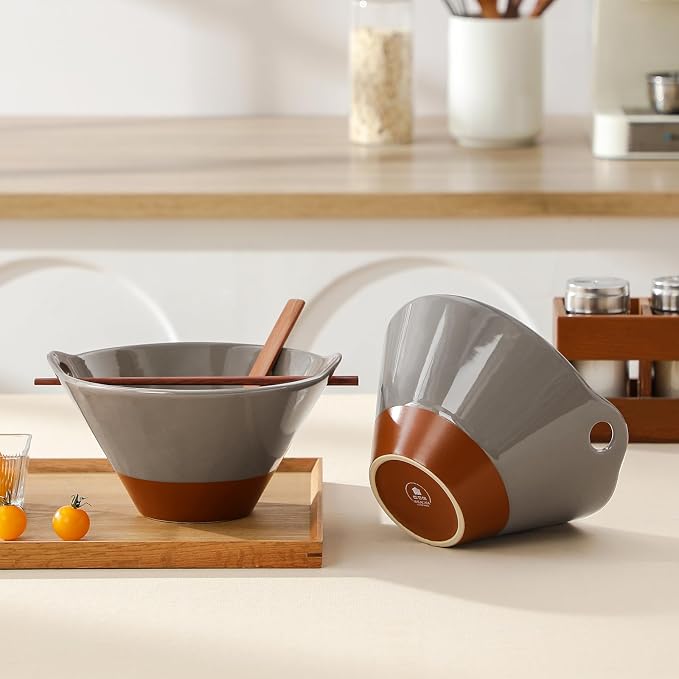 MALACASA 42 oz Ceramic Ramen Bowl Set with Wooden Spoon & Chopsticks, Japanese Style Soup Bowls for Ramen, Pho, Noodles – Set of 2, Microwave & Dishwasher Safe, Series TARA (Brown and Khaki)