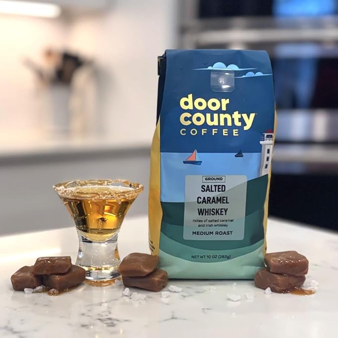 Door County Coffee Salted Caramel Whiskey Flavored Ground - 10 oz Bag - Medium Roast - 100% Specialty Arabica - Flavored Gourmet - Salted Caramel Whiskey