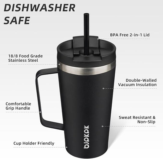 BJPKPK Insulated Tumbler with Handle, 18oz Insulated Tumblers with Lid and Straw, Stainless Steel Metal Water Bottles, Coffee Travel Mugs, Cups, Black