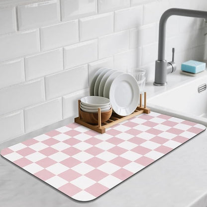 CooRug Checkered Dish Drying Mat for Kitchen Counter, Absorbent Non-Slip Coffee Mat, Heat Resistant Mat for Countertops Coffee Bar Decor 12" x 20" Pink