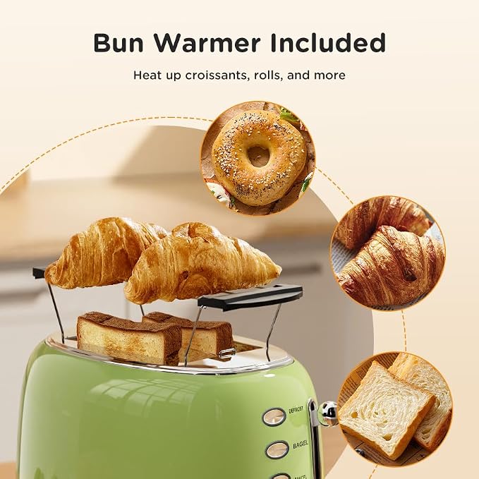 Wiltal Toaster Retro 2 Slice, Vintage Green Toaster with Lid, with Bread Attachment, Preheat, Defrost And Cancel Functions, 6 Browning Levels (Green)