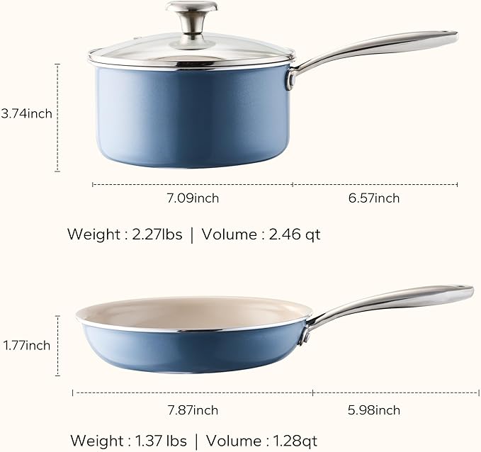 Redchef Saucepan & Frying Pan Set, 8" Ceramic Frying pan & 2.5Qt Saucepan with Lid, Cookware Set, Induction Compatible, Nontoxic PTFE PFOA Free, Oven & Dishwasher Safe, Blue