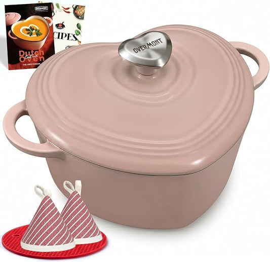 Overmont Heart-Shaped Enameled Cast Iron Dutch Oven, 2QT Pink Mini Pot with Lid for Cozy Meals, Soups & Small Batch Baking, Cute Kitchen Cookware Gift for Wedding, Housewarming & Birthday