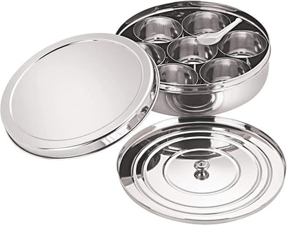 Stainless Steel Masala Dabba – 8x8 inch Indian Spice Box with 7 Compartments for Kitchen Storage