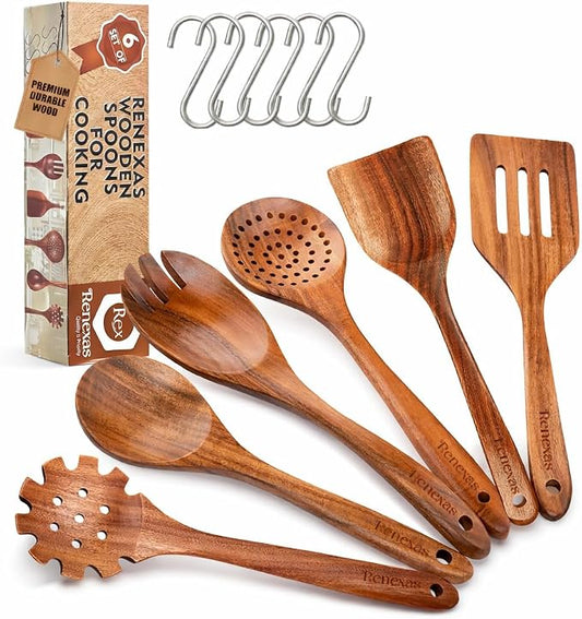6-Piece Teak Wooden Kitchen Utensil Set – Nonstick Safe Cooking Spoons & Spatulas, Heat Resistant, Durable Natural Wood, Comfortable Grip Handles