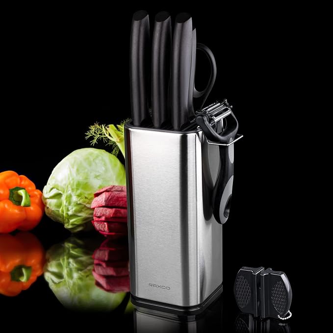 RAXCO Knife Set,10-Piece Stainless Steel Kitchen Knife Set with Block,Black | Compact Small Countertop Holder,Pro-Sharpened Stainless Steel Chef Knives, Space Saving Knife Set for RV & Apartment