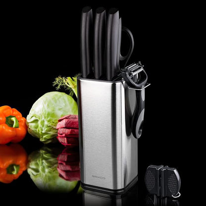 RAXCO Knife Set,10-Piece Stainless Steel Kitchen Knife Set with Block,Black | Compact Small Countertop Holder,Pro-Sharpened Stainless Steel Chef Knives, Space Saving Knife Set for RV & Apartment