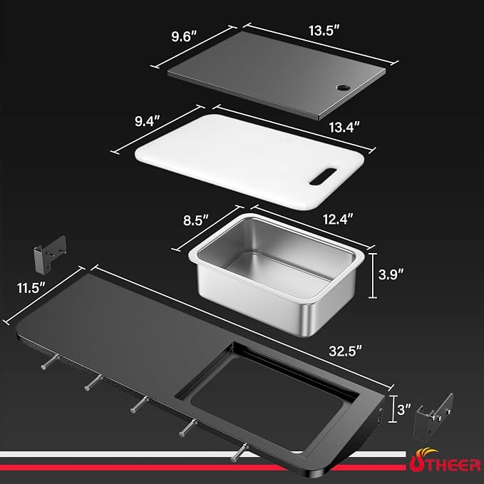 Utheer Folding Front Shelf for Traeger Pro 780 & Ironwood 885, 32.5"x11.5" | Heavy-Duty BBQ Prep Table, Cutting Board & Basin, 5 Hooks, 60-LB Load Steel