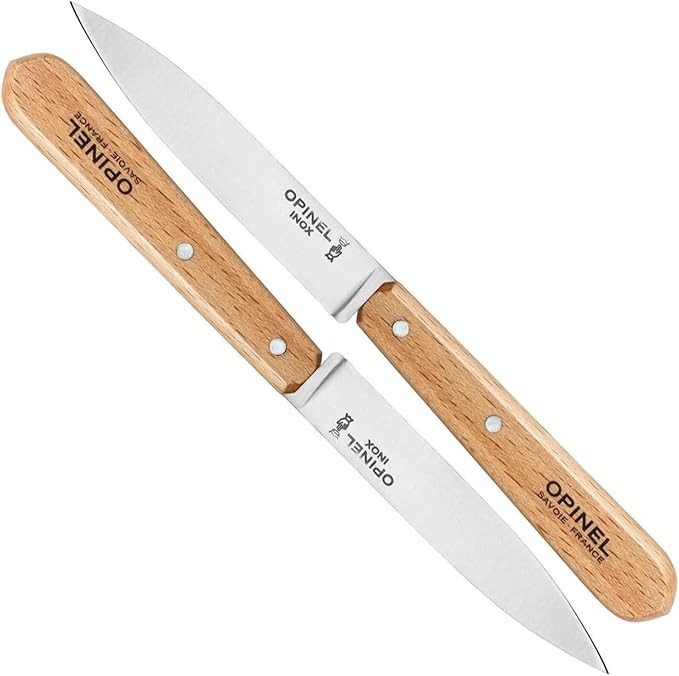 Opinel No. 112 Paring Knives 2 Piece Set, Sandvik 12C27 Steel Everyday Use Prep Knives for Chopping, Peeling, Slicing, Trimming, Stabilized Sustainably Harvested Beechwood Handles, Made in France