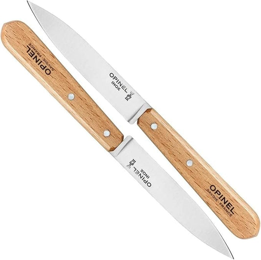 Opinel No. 112 Paring Knives 2 Piece Set, Sandvik 12C27 Steel Everyday Use Prep Knives for Chopping, Peeling, Slicing, Trimming, Stabilized Sustainably Harvested Beechwood Handles, Made in France