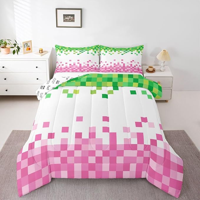 Manfei Pixelated Style Full Size Comforter Set,Geometric Camouflage Grid Bedding Comforters Bedroom Collection,Video Games Duvet Insert,Pink Green Room Decor 3 Pcs Bedding Set for Girls Teens