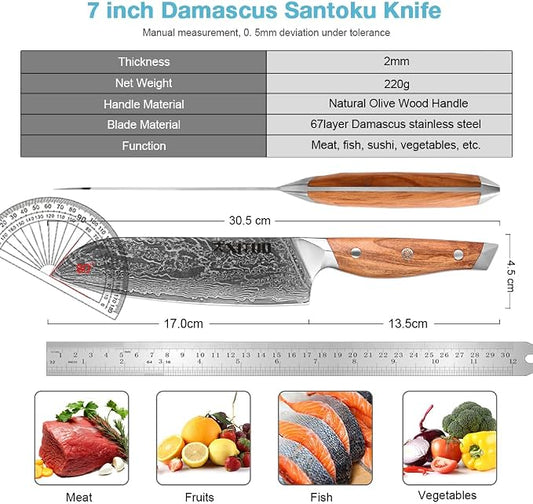 XITUO Damascus Steel Santoku Knife 7-Inch, Multi-Purpose Kitchen Knife with Olive Wood Handle – Razor Sharp Blade for Meat, Veggies & Sushi, Ideal Gift for Professional Cooks